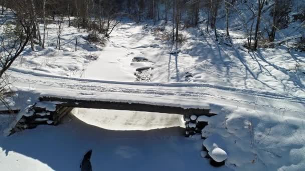 Luftaufnahme Von Erstaunlichen Schneebedeckten Winterlandschaft Mit Fluss — Stockvideo