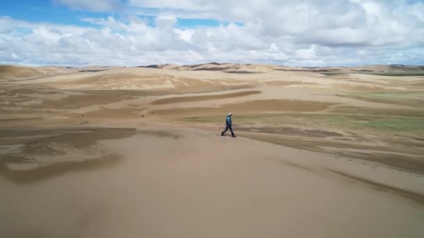 Turista Che Cammina Sul Grande Barkhan Mongolia — Video Stock