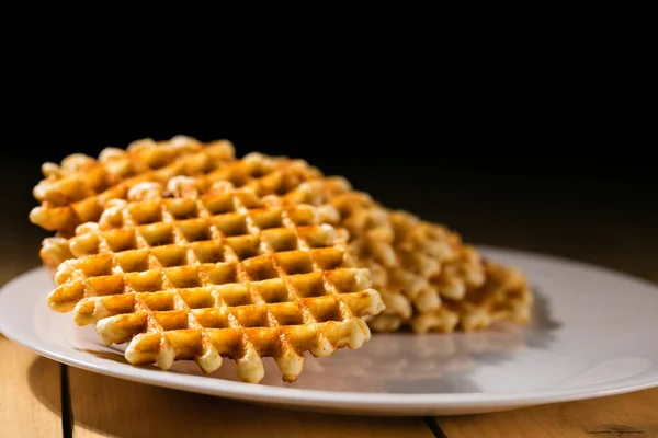 Belgian Waffles White Plate Rustic Wooden Table — Stock Photo, Image