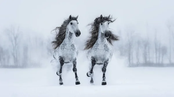 İki dapple-grey uzun yeleli safkan İspanyolca dörtnala atlar . — Stok fotoğraf