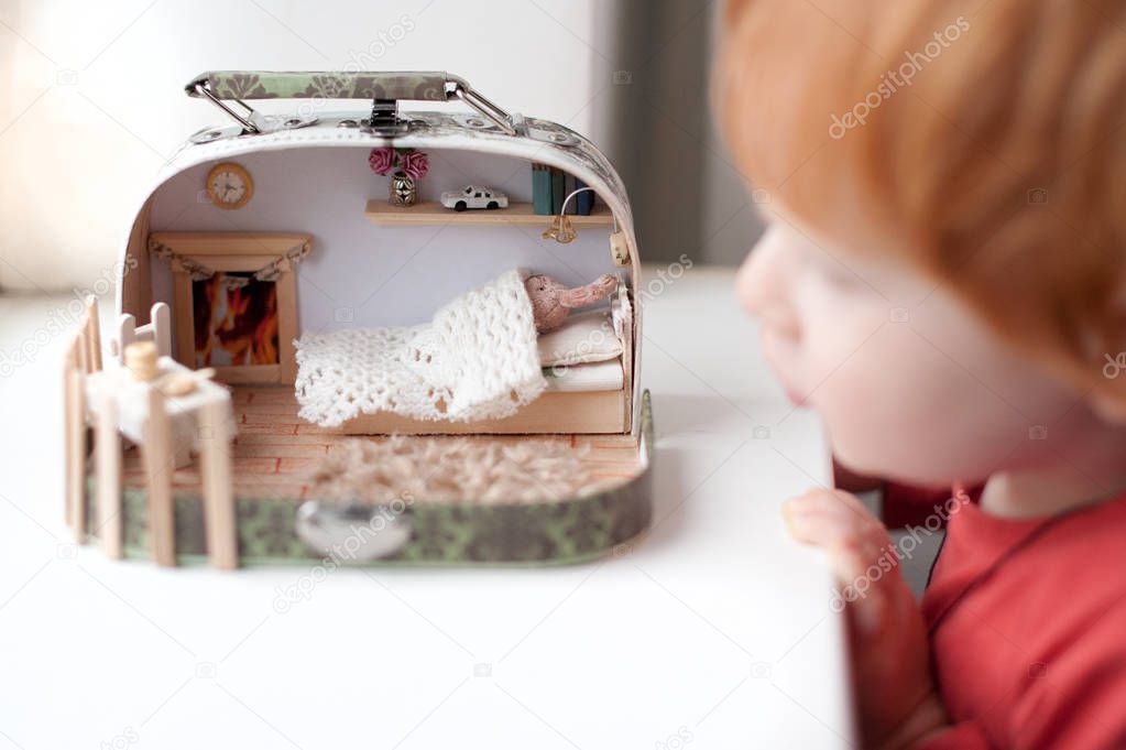 The boy is looking at the doll house