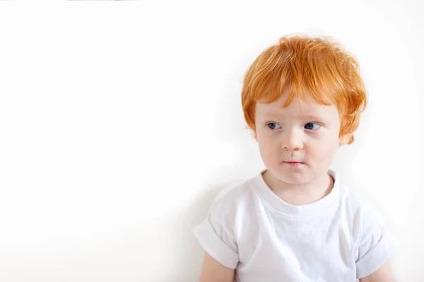 Pensive Redhead Boy White Background — Stock Photo, Image
