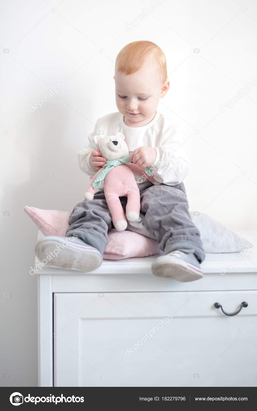 Red Haired Little Girl Sitting Dresser Crocheted Teddy Bear