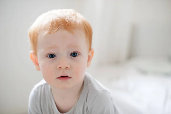 Menino Parece Surpreso Close Fundo Branco — Fotografia de Stock