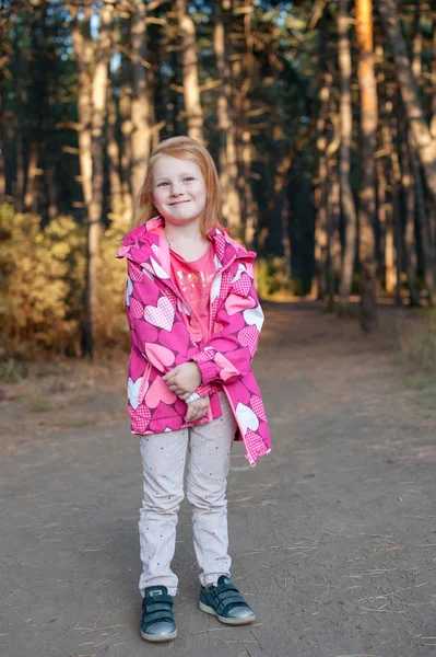 Girl Bright Jacket Pine Forest — Stock Photo, Image