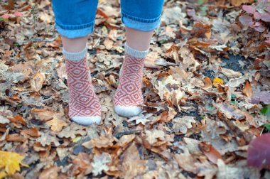 Yaprakların arka planında el yapımı örgü çoraplar