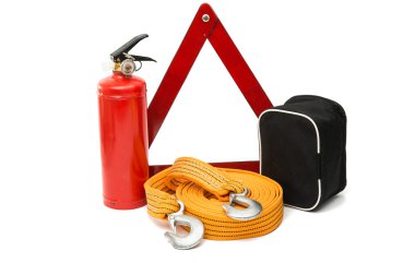 Acil durum işareti, ilk yardım çantası, yangın söndürücü 