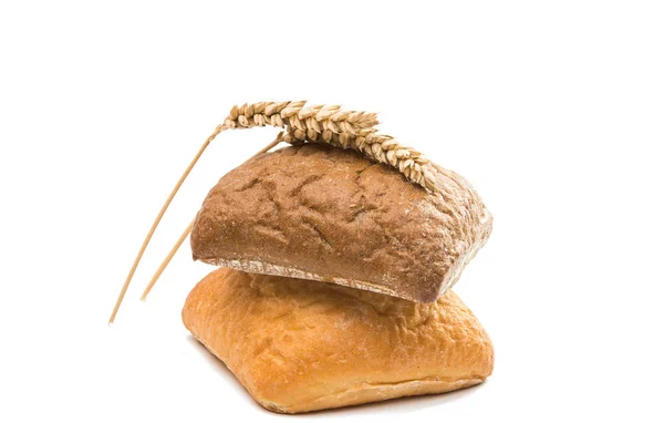 Fresh Italian bread ciabatta with ears of wheat — Stock Photo, Image