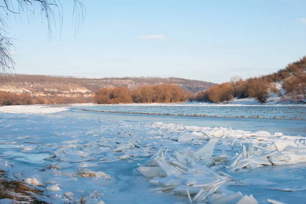 Paisagem de inverno no rio congelado Dniester — Fotografia de Stock