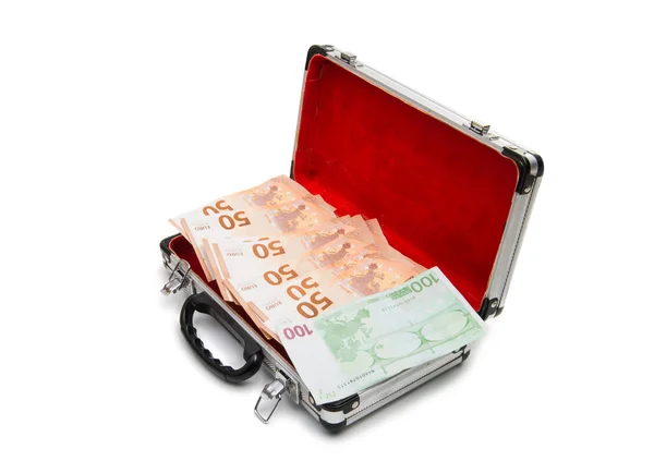 Dólares en euros en una caja de aluminio aislada —  Fotos de Stock