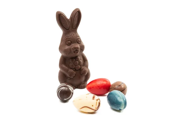 Шоколадный кролик с шоколадными яйцами — стоковое фото