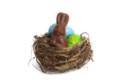 Kuş yuvalı çikolatalı tavşan ve beyaz arka planda çikolatalı yumurta.