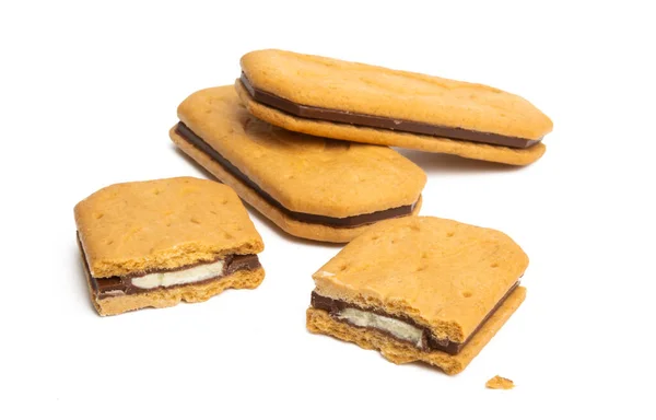 Galletas Cuadradas Dobles Con Chocolate Aislado Sobre Fondo Blanco —  Fotos de Stock