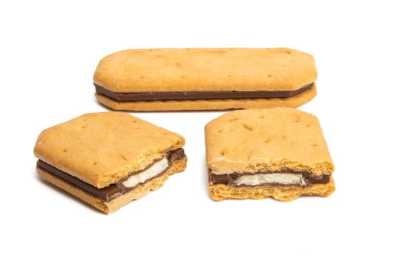 Biscoitos Quadrados Duplos Com Chocolate Isolado Fundo Branco — Fotografia de Stock