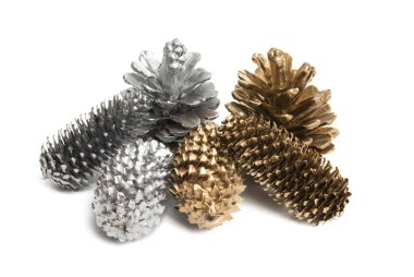 Beyaz arkaplanda izole edilmiş altın ve gümüş kozalaklar