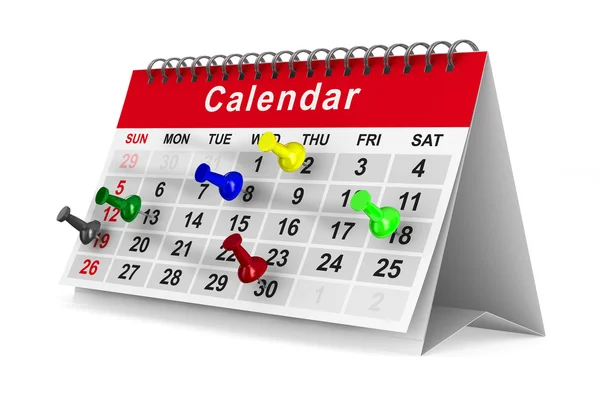 Calendario con spilli su sfondo bianco. Immagine 3D isolata — Foto Stock