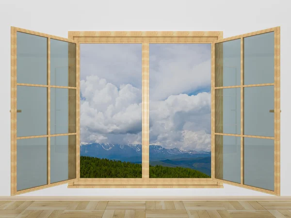 Berglandschaft hinter einem Fenster. 3D-Bild — Stockfoto