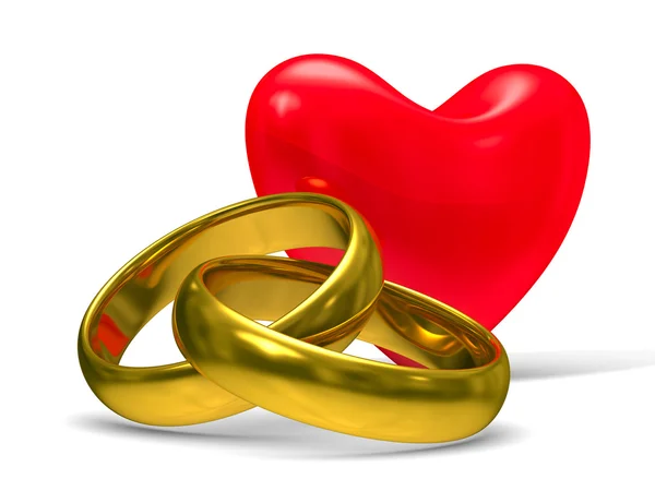 Srdce a snubní prsteny na bílém pozadí. Izolované 3d obraz — Stock fotografie