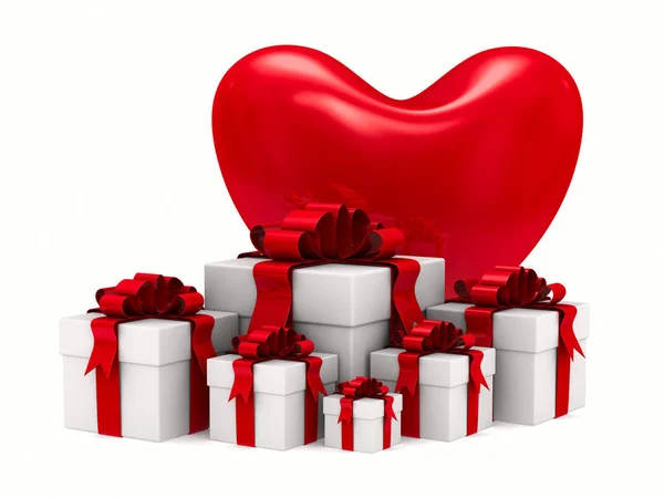 Cuore e confezione regalo su sfondo bianco. Immagine 3D isolata — Foto Stock