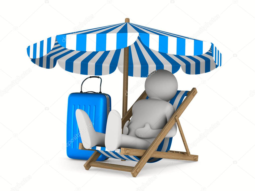 Man on deckchair and luggage on white background. Isolated 3D im