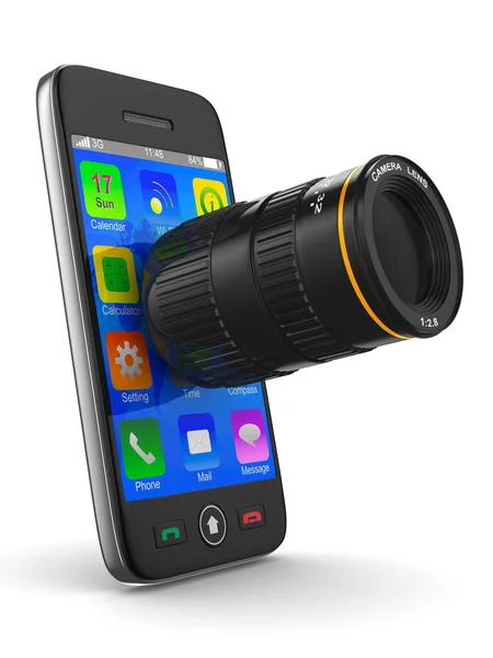 Beyaz arka plan üzerinde lens ile telefon. İzole 3d görüntü — Stok fotoğraf