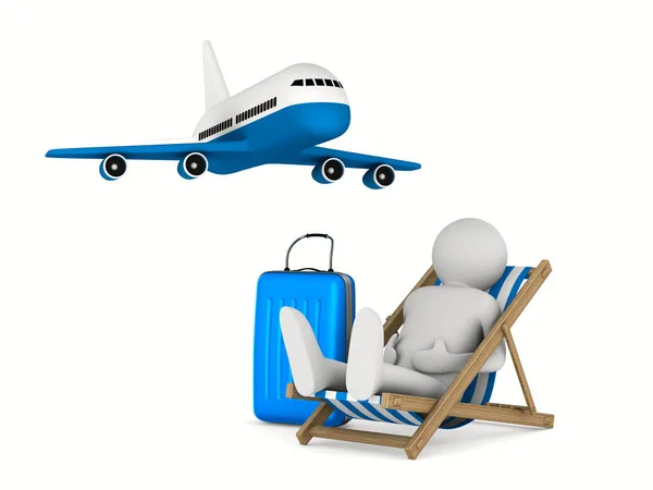 Man on deckchair and luggage on white background. Isolated 3D im — Stock Photo, Image