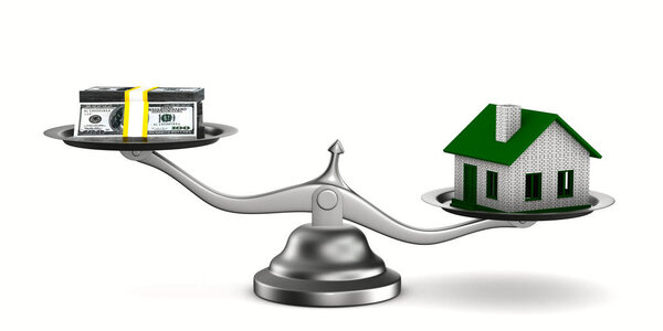 House and money on scales. Isolated 3D image