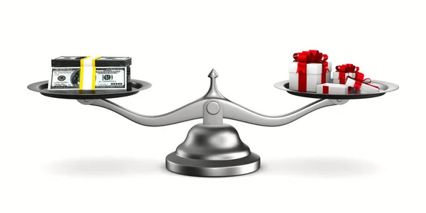 Caja de regalo y efectivo a escala. Imagen 3D aislada —  Fotos de Stock