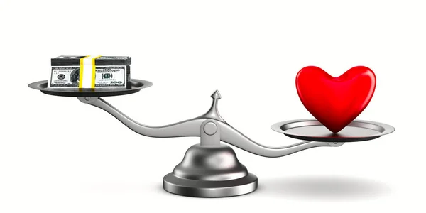 Heart and money on scales. Isolated 3D image — Stock Photo, Image