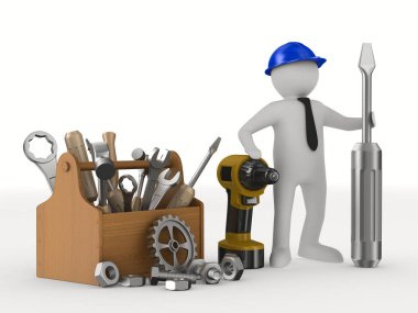adam ahşap toolbox ile. izole 3d görüntü