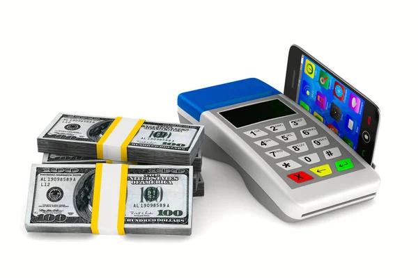 Betaalterminal en cash op witte achtergrond. Geïsoleerde 3d beeld — Stockfoto