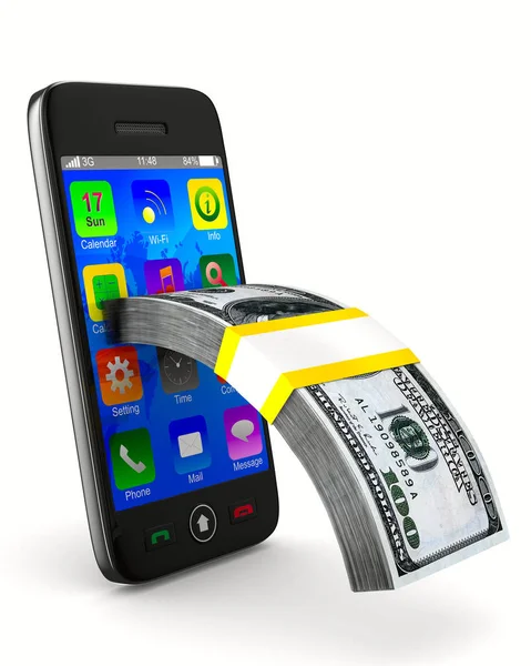 Telefon und Bargeld auf weißem Hintergrund. isoliertes 3D-Bild — Stockfoto