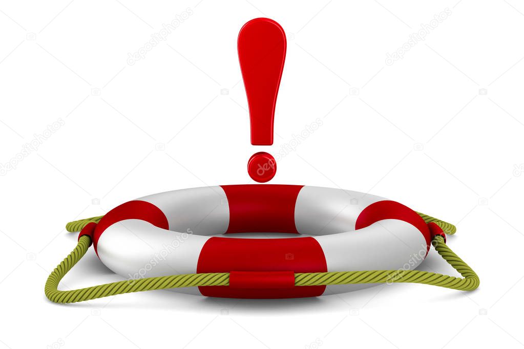 Exclamation sign into lifebuoy on white background. Isolated 3D 