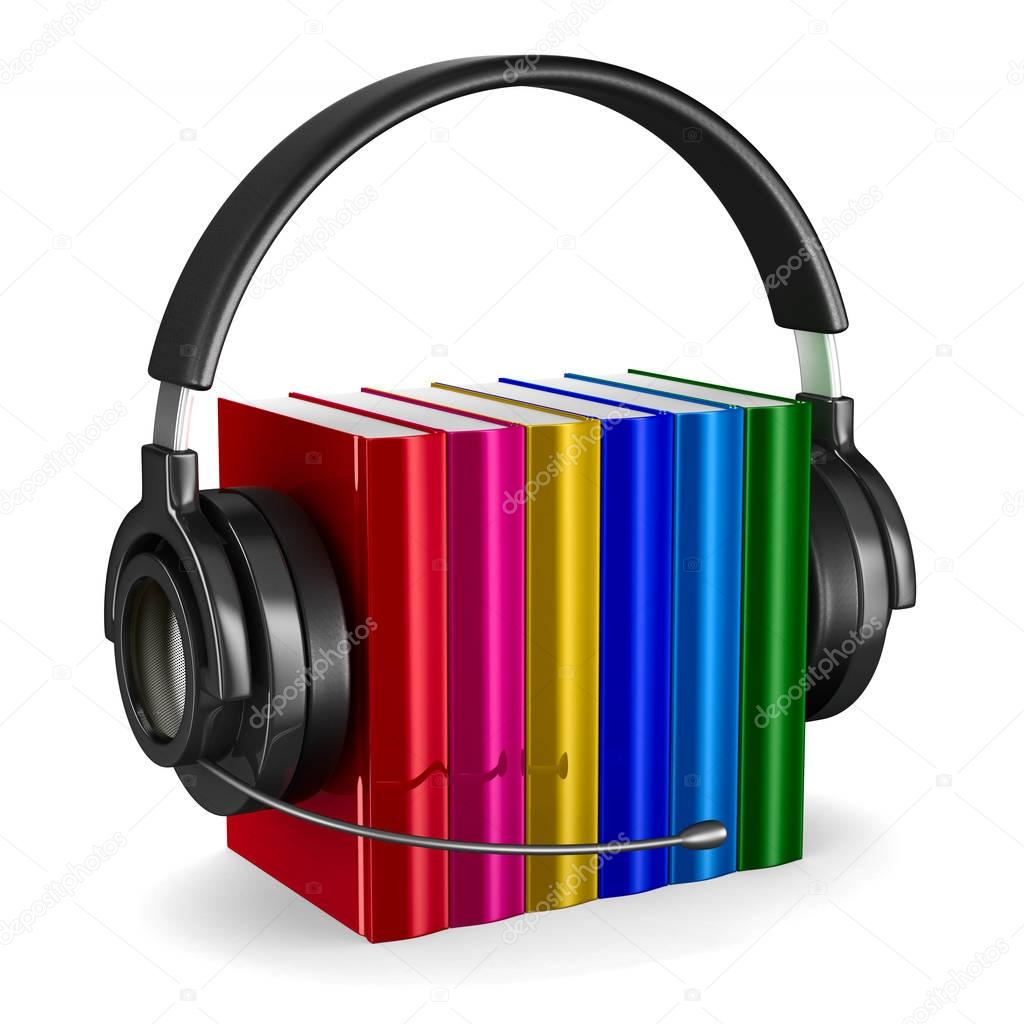 Headphone and books on white background. Isolated 3D image