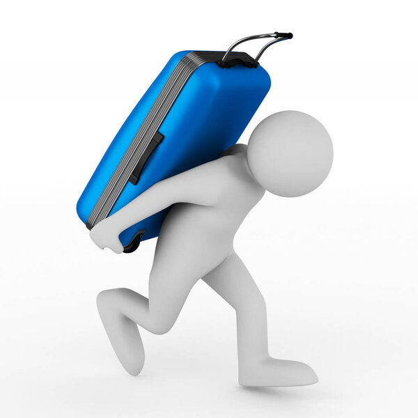 Турист с сумкой на белом фоне. Изолированное 3D изображение
