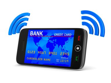 Telefon ve kredi kartı beyaz arka planda. İzole edilmiş 3B resim