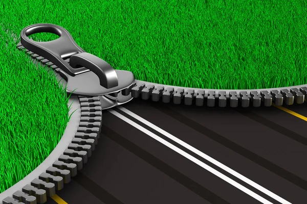 Zipper with grass and road. Isolated 3D image — Stock Photo, Image