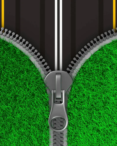 Zipper with grass and road. Isolated 3D image — Stock Photo, Image