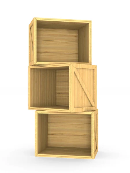 Drewniane pudełka. na białym tle obraz 3d — Zdjęcie stockowe