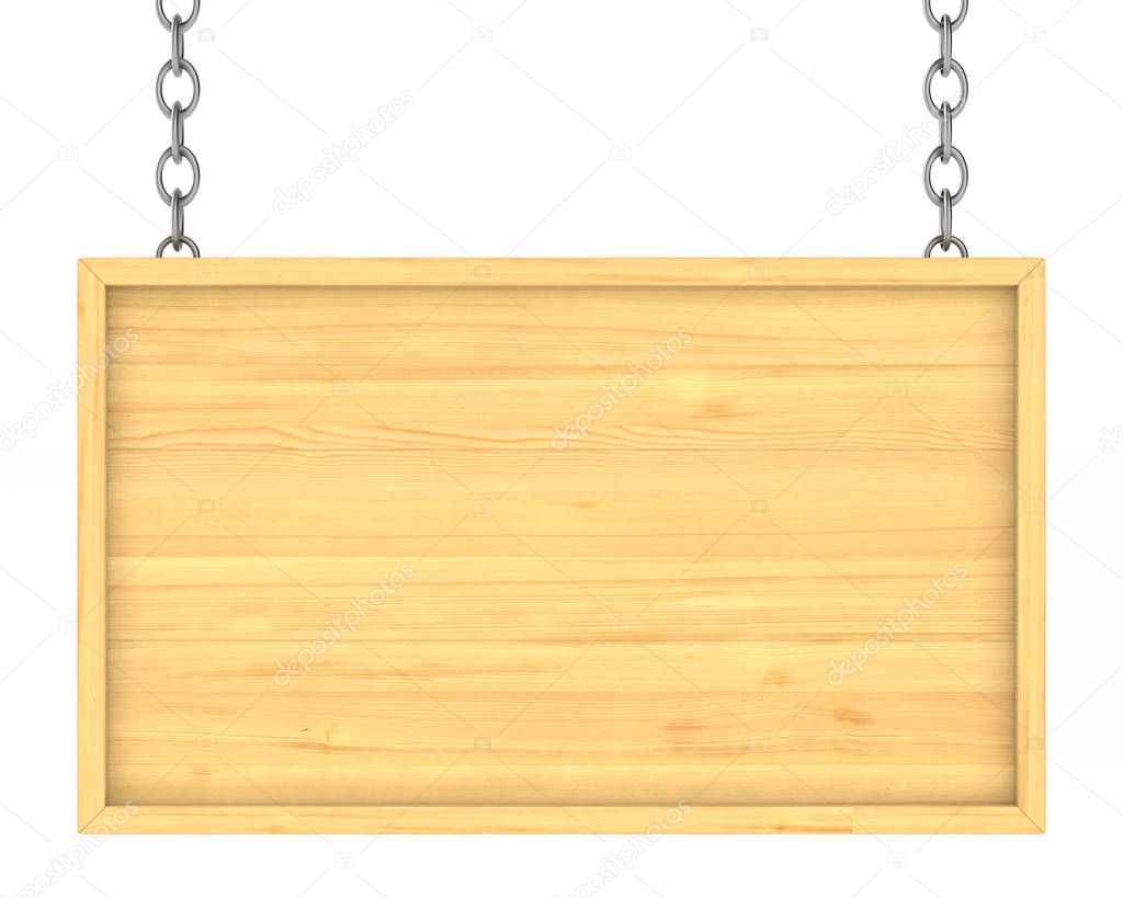 wooden signboard on the chains. Isolated 3D image