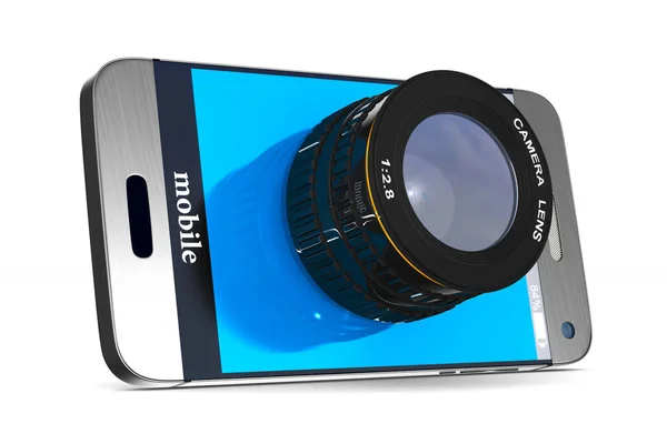 Teléfono con lente sobre fondo blanco. Imagen 3D aislada —  Fotos de Stock