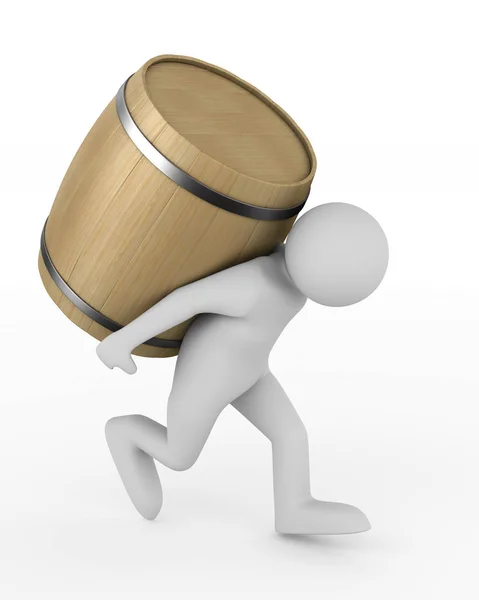 Homem carrega barril no fundo branco. Isolado ilustração 3D — Fotografia de Stock