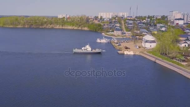 Aerial Survey of the river ferry. Top view — Stock Video