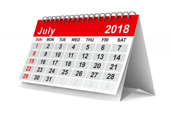 Calendário do ano 2018. Julho. Isolado ilustração 3D — Fotografia de Stock