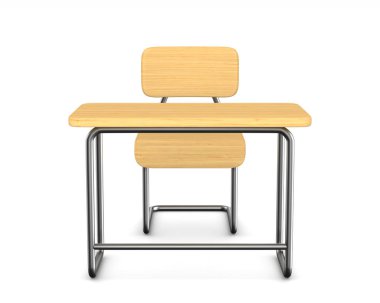 Okul masa ve sandalye beyaz arka plan üzerinde. İzole 3d illustrat