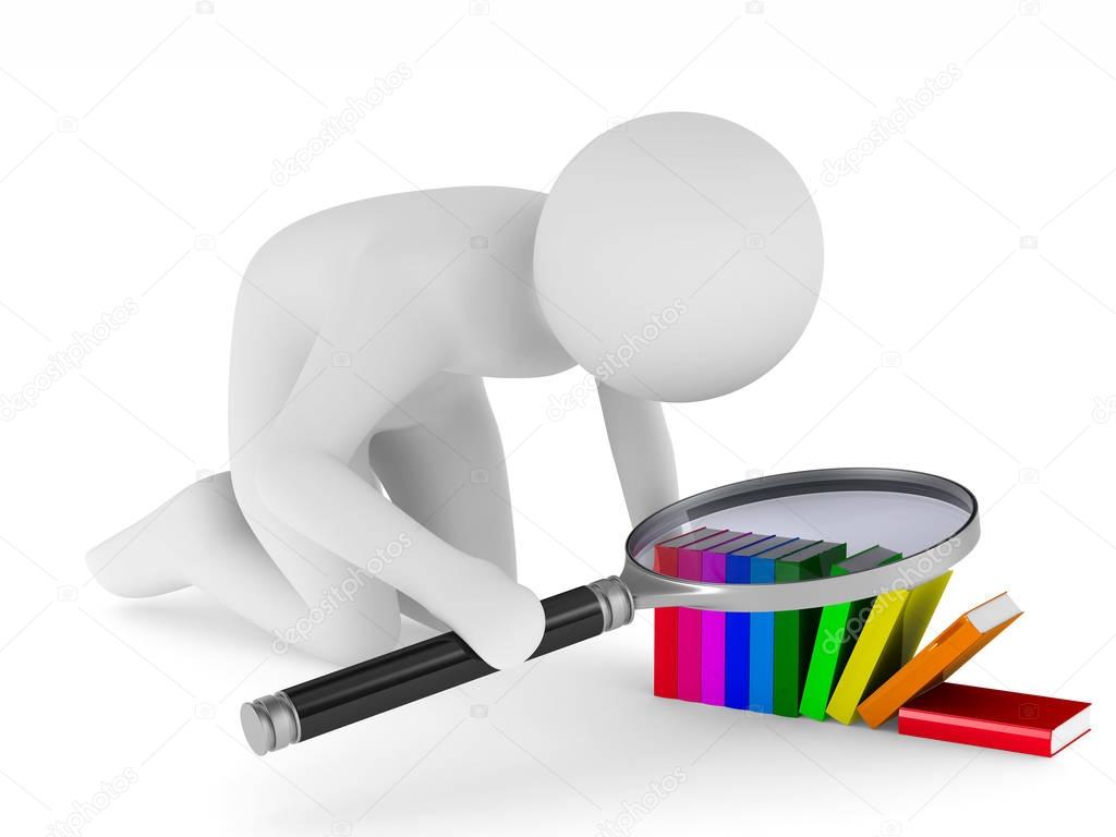Man with magnifier on white background. Isolated 3D illustration