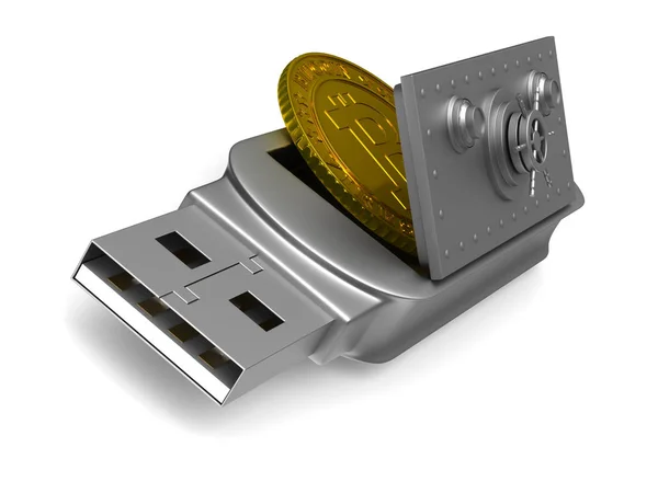 Unidad flash USB y bitcoin sobre fondo blanco. Enfermedad aislada en 3D — Foto de Stock
