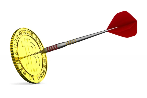 Münze Bitcoin und Pfeil auf weißem Hintergrund. isolierte 3D-Illustration — Stockfoto