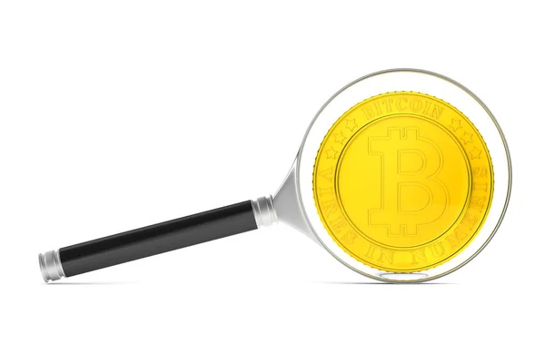 Νόμισμα bitcoin και μεγεθυντικό φακό σε άσπρο φόντο. Απομονωμένη illu 3d — Φωτογραφία Αρχείου