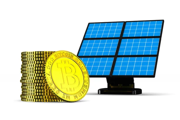 güneş pili ve beyaz arka plan üzerinde bitcoin. İzole 3d illus
